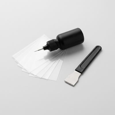 MAISANO GlassFix windshield repair kit: resin applicator, curing films and razor blade