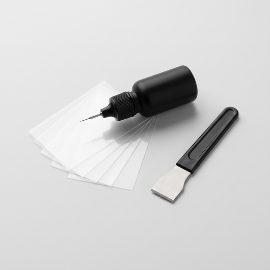 MAISANO GlassFix windshield repair kit: resin applicator, curing films and razor blade